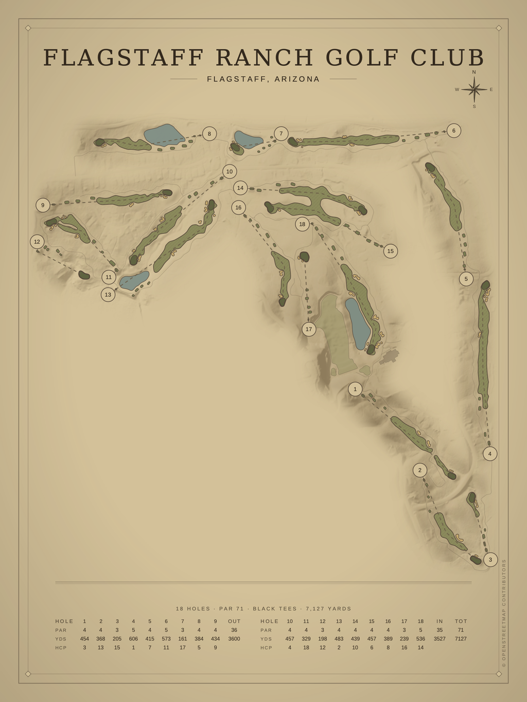 Flagstaff Ranch Golf Club course map poster, Vintage style, 12×16 / 18×24