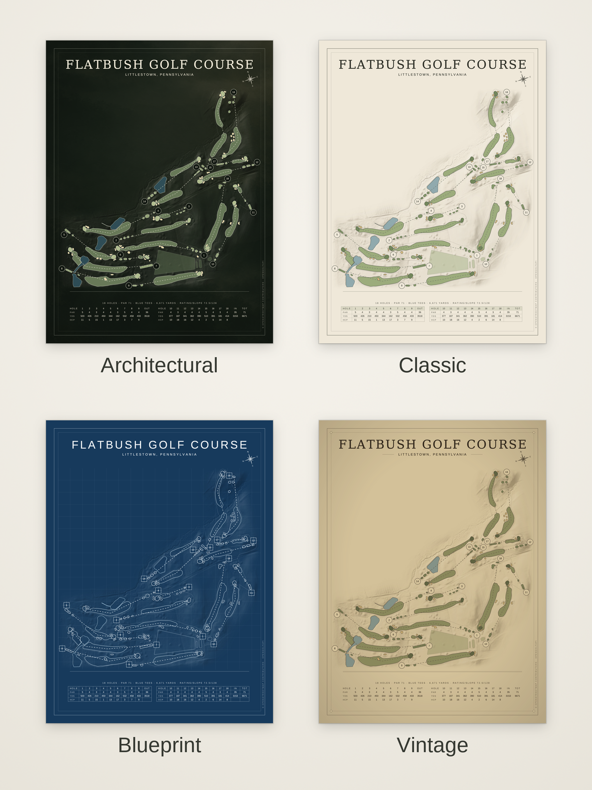 Flatbush Golf Course map poster in four styles: Architectural, Classic, Blueprint and Vintage