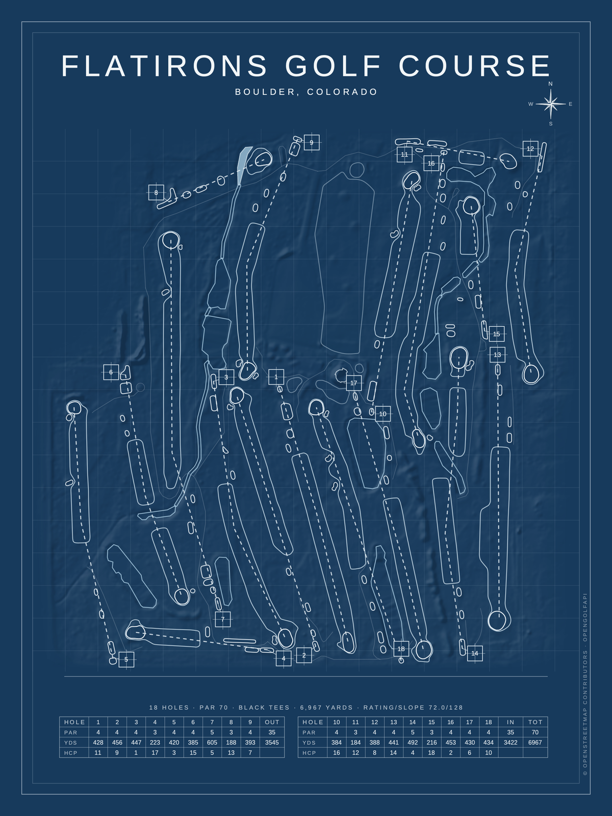 Flatirons Golf Course map poster, Blueprint style, 12×16 / 18×24