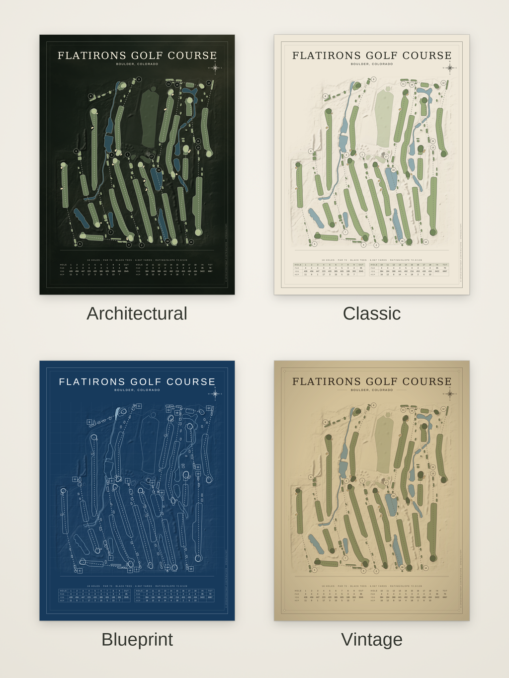 Flatirons Golf Course map poster in four styles: Architectural, Classic, Blueprint and Vintage