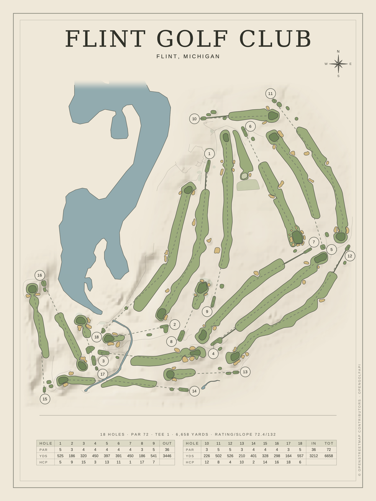 Flint Golf Club course map poster, Classic style, 12×16 / 18×24