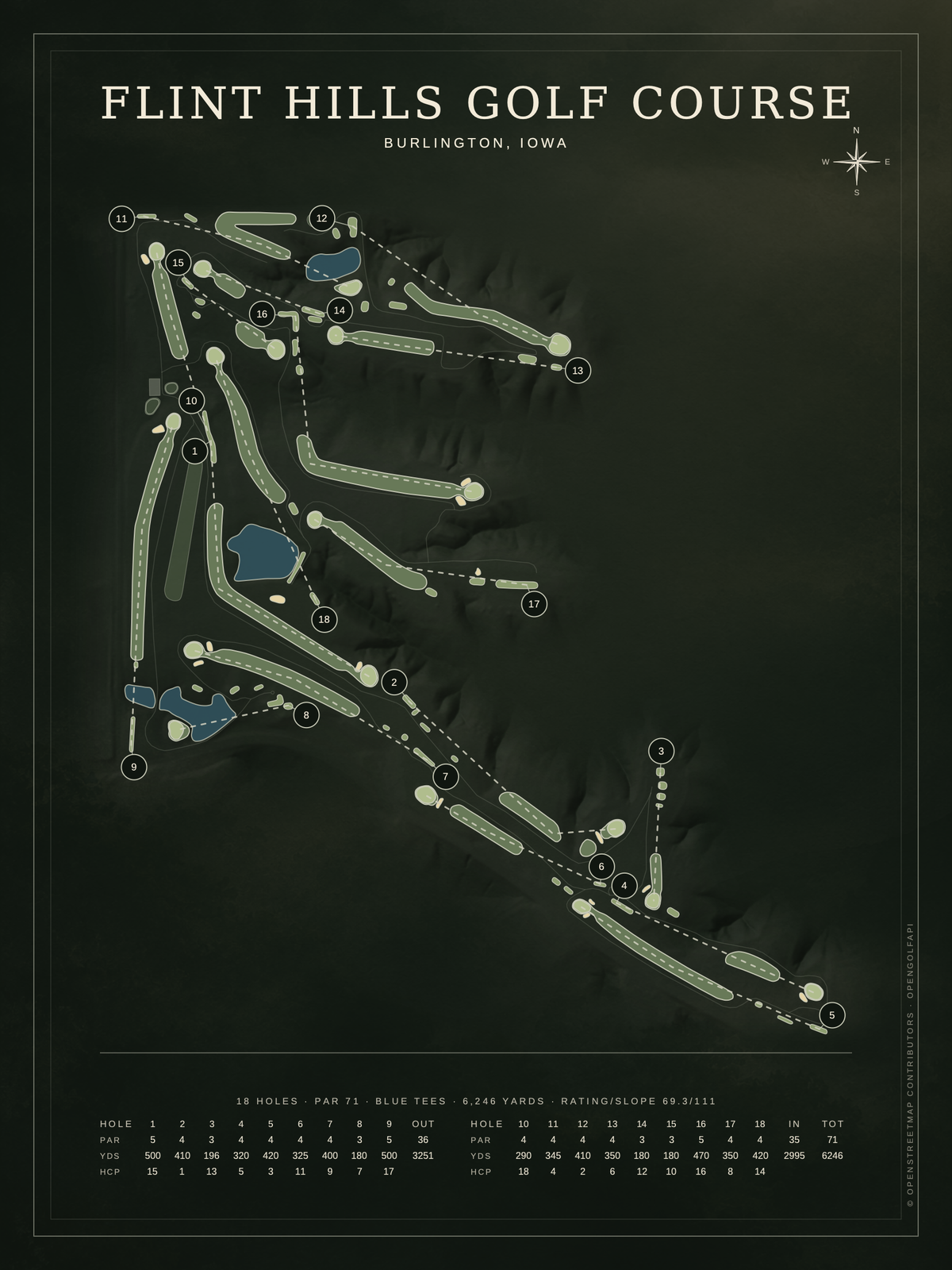 Flint Hills Golf Course map poster, Architectural style, 12×16 / 18×24