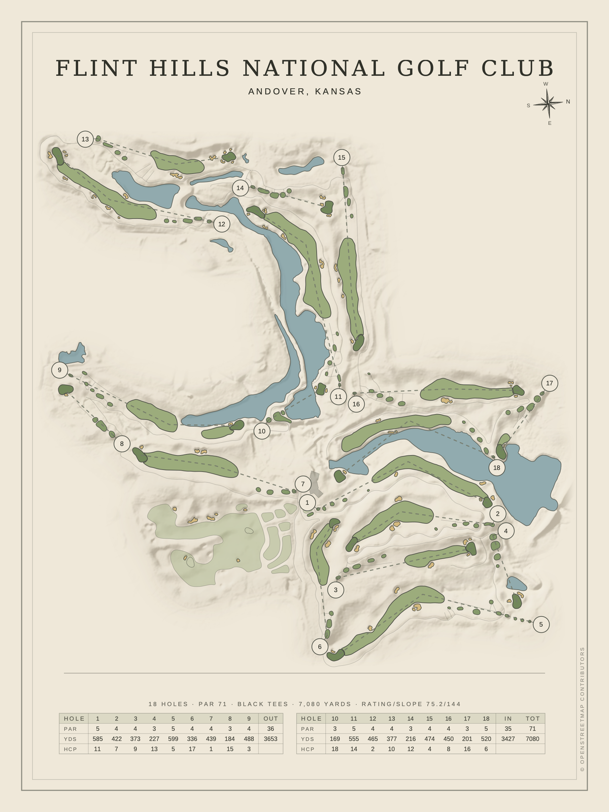 Flint Hills National Golf Club course map poster, Classic style, 12×16 / 18×24