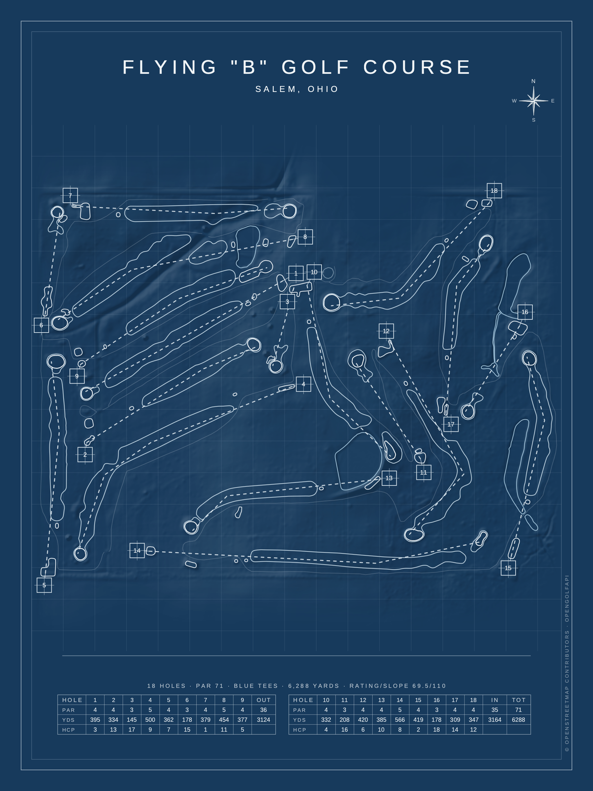 Flying "B" Golf Course map poster, Blueprint style, 12×16 / 18×24