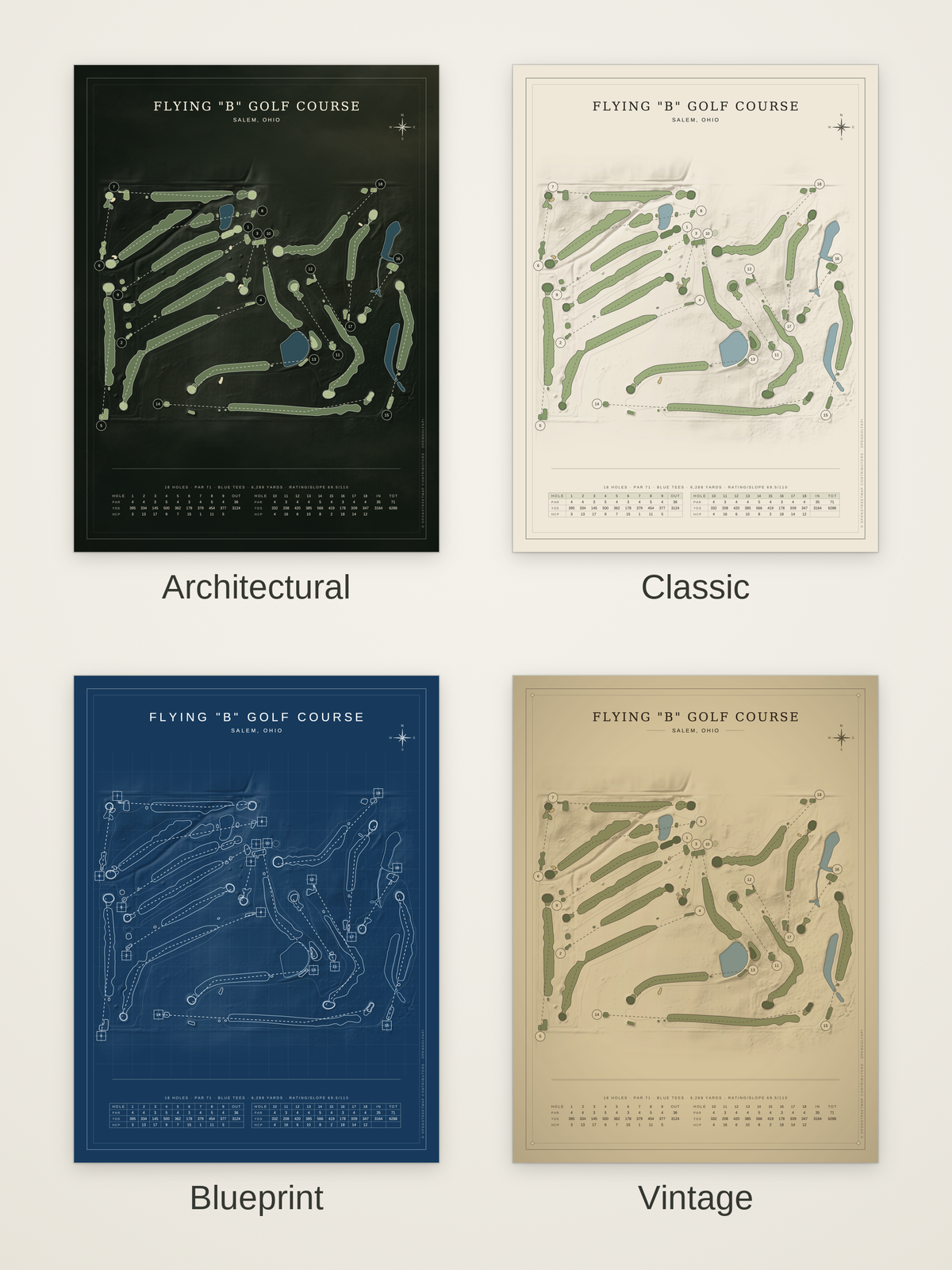 Flying "B" Golf Course map poster in four styles: Architectural, Classic, Blueprint and Vintage