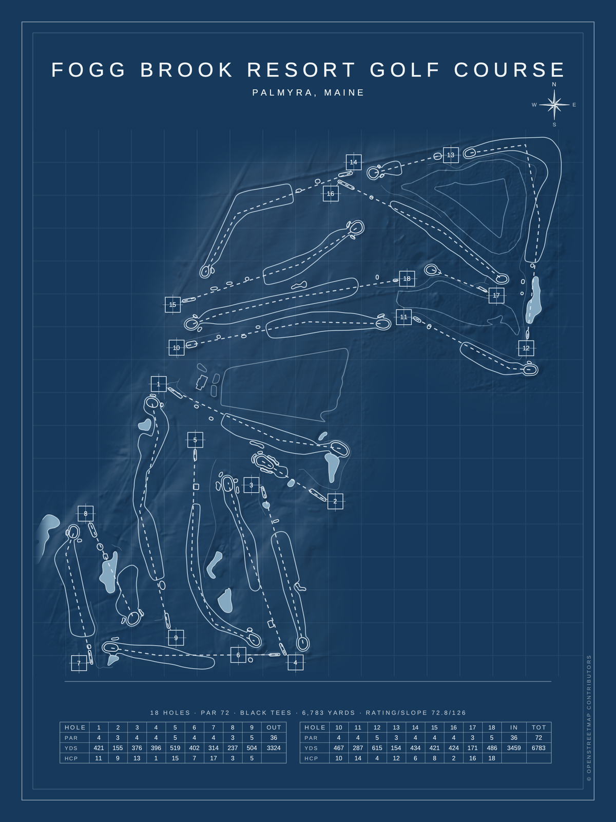 Fogg Brook Resort Golf Course map poster, Blueprint style, 12×16 / 18×24