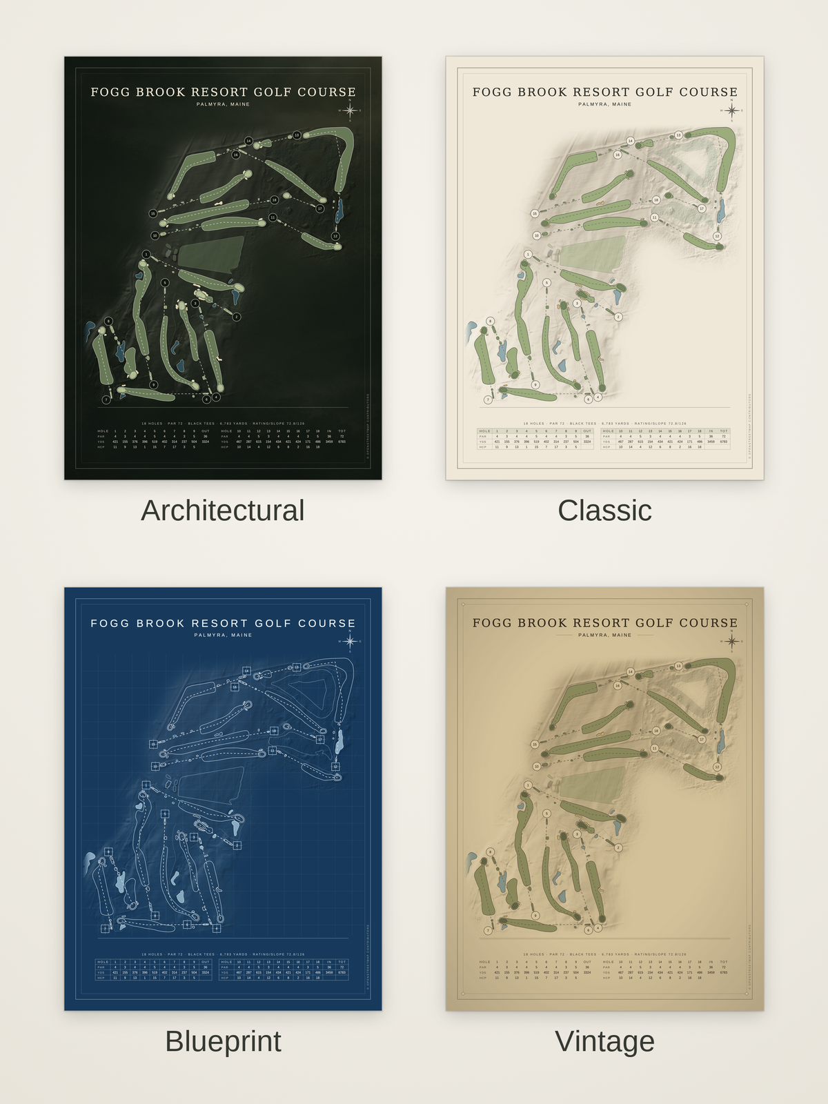Fogg Brook Resort Golf Course map poster in four styles: Architectural, Classic, Blueprint and Vintage