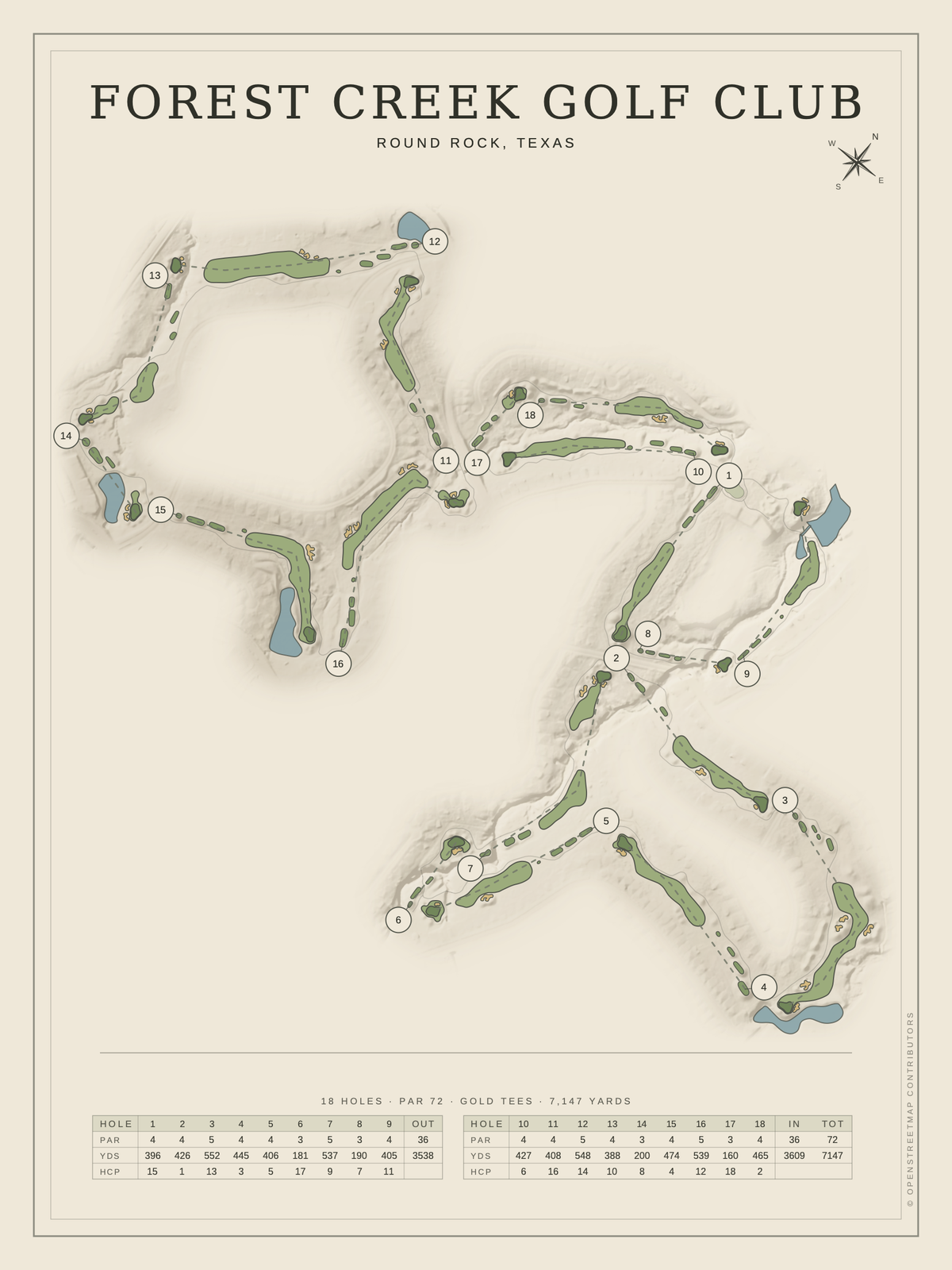 Forest Creek Golf Club course map poster, Classic style, 12×16 / 18×24