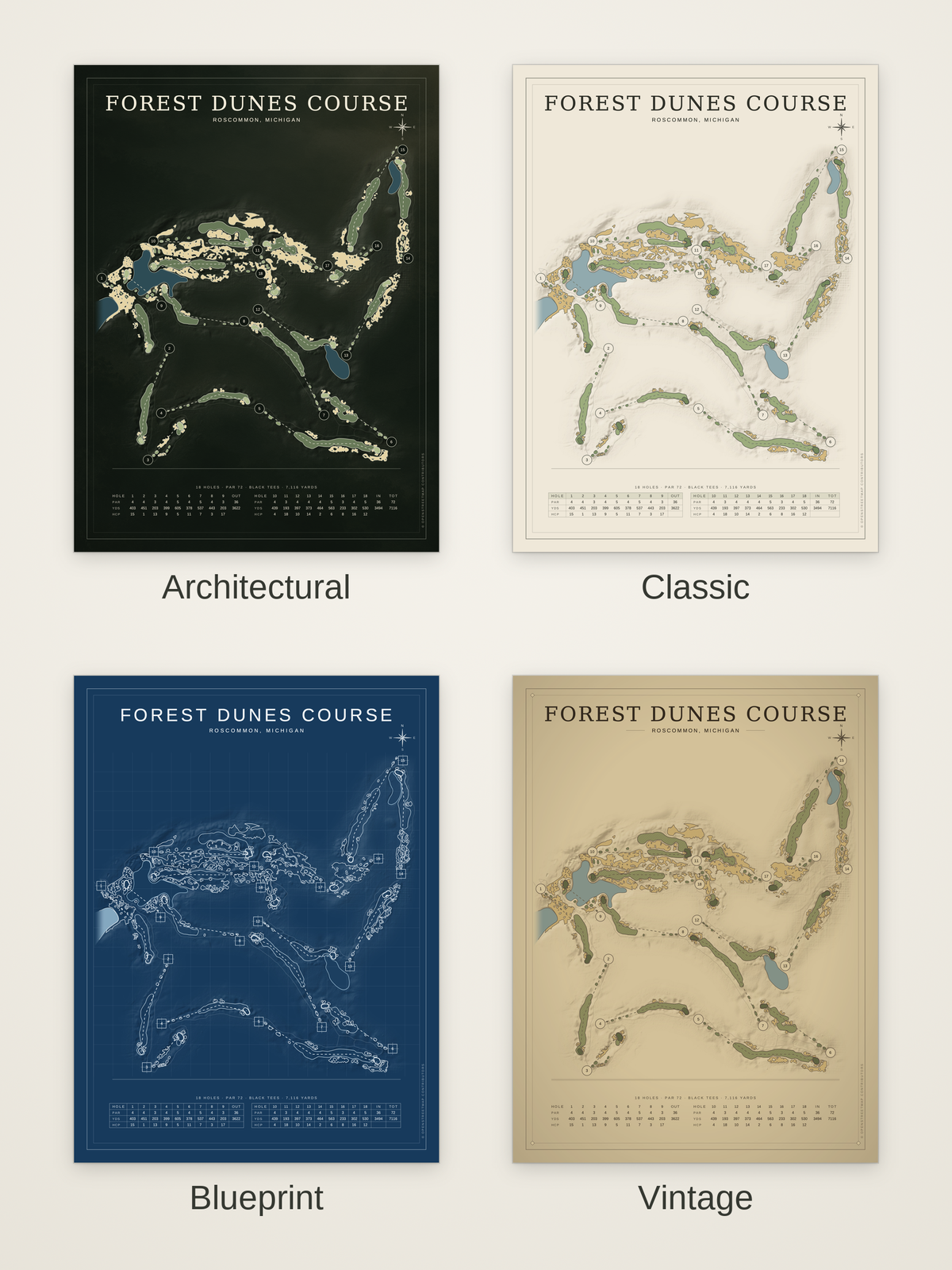 Forest Dunes Course map poster in four styles: Architectural, Classic, Blueprint and Vintage