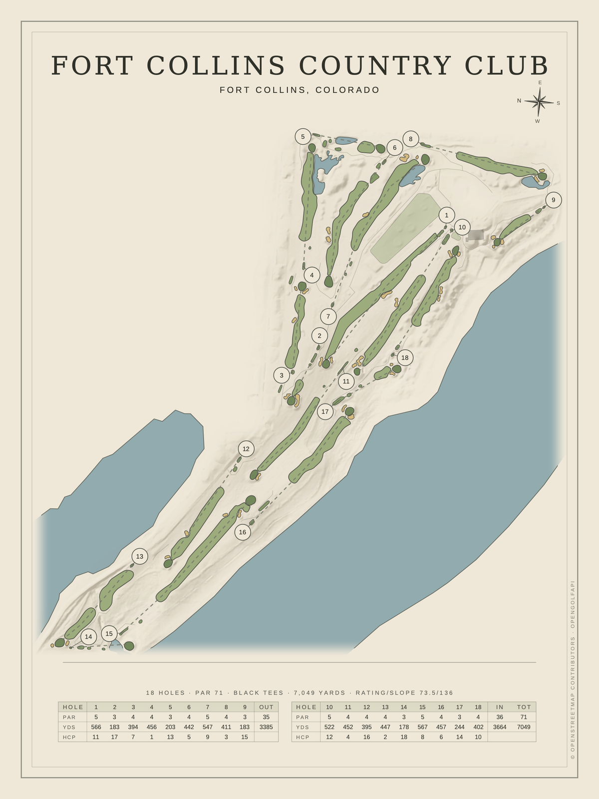 Fort Collins Country Club course map poster, Classic style, 12×16 / 18×24