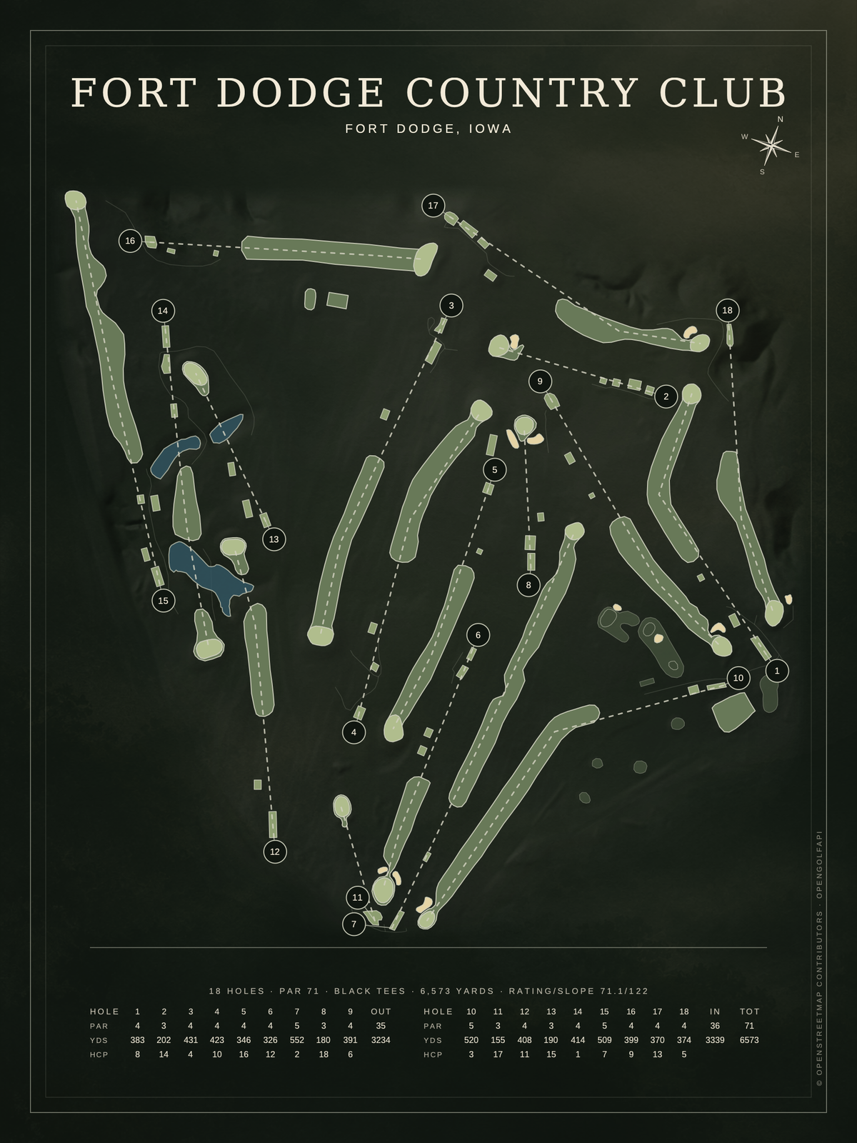 Fort Dodge Country Club course map poster, Architectural style, 12×16 / 18×24