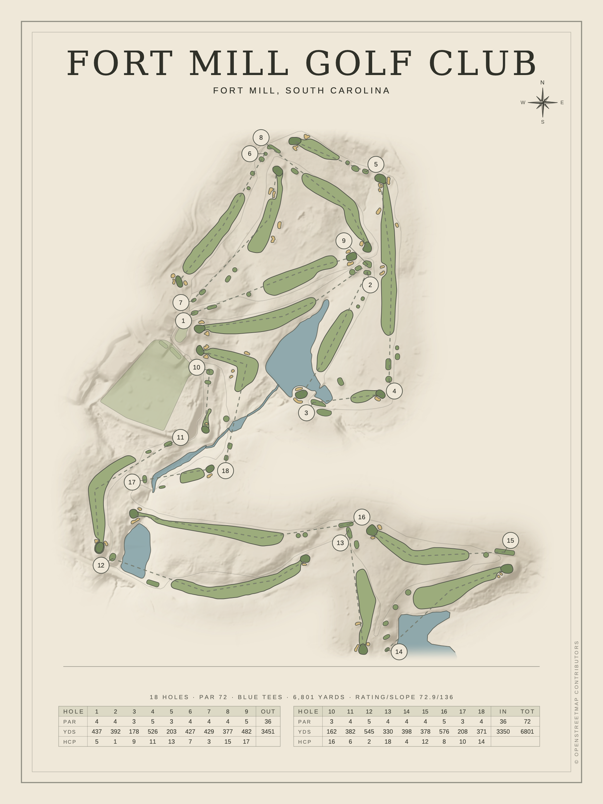 Fort Mill Golf Club course map poster, Classic style, 12×16 / 18×24