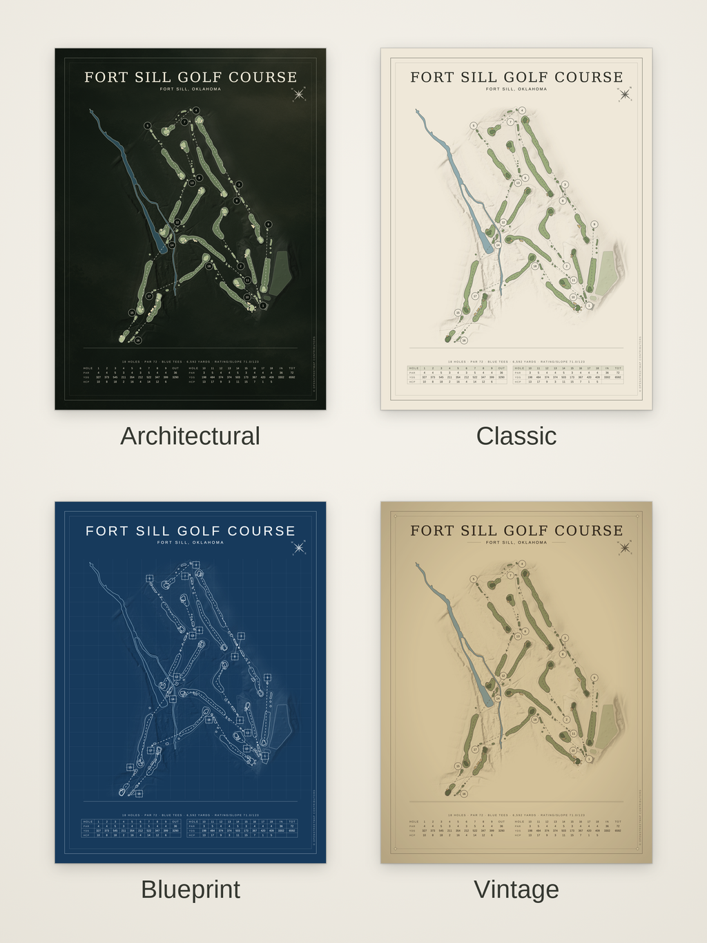 Fort Sill Golf Course map poster in four styles: Architectural, Classic, Blueprint and Vintage