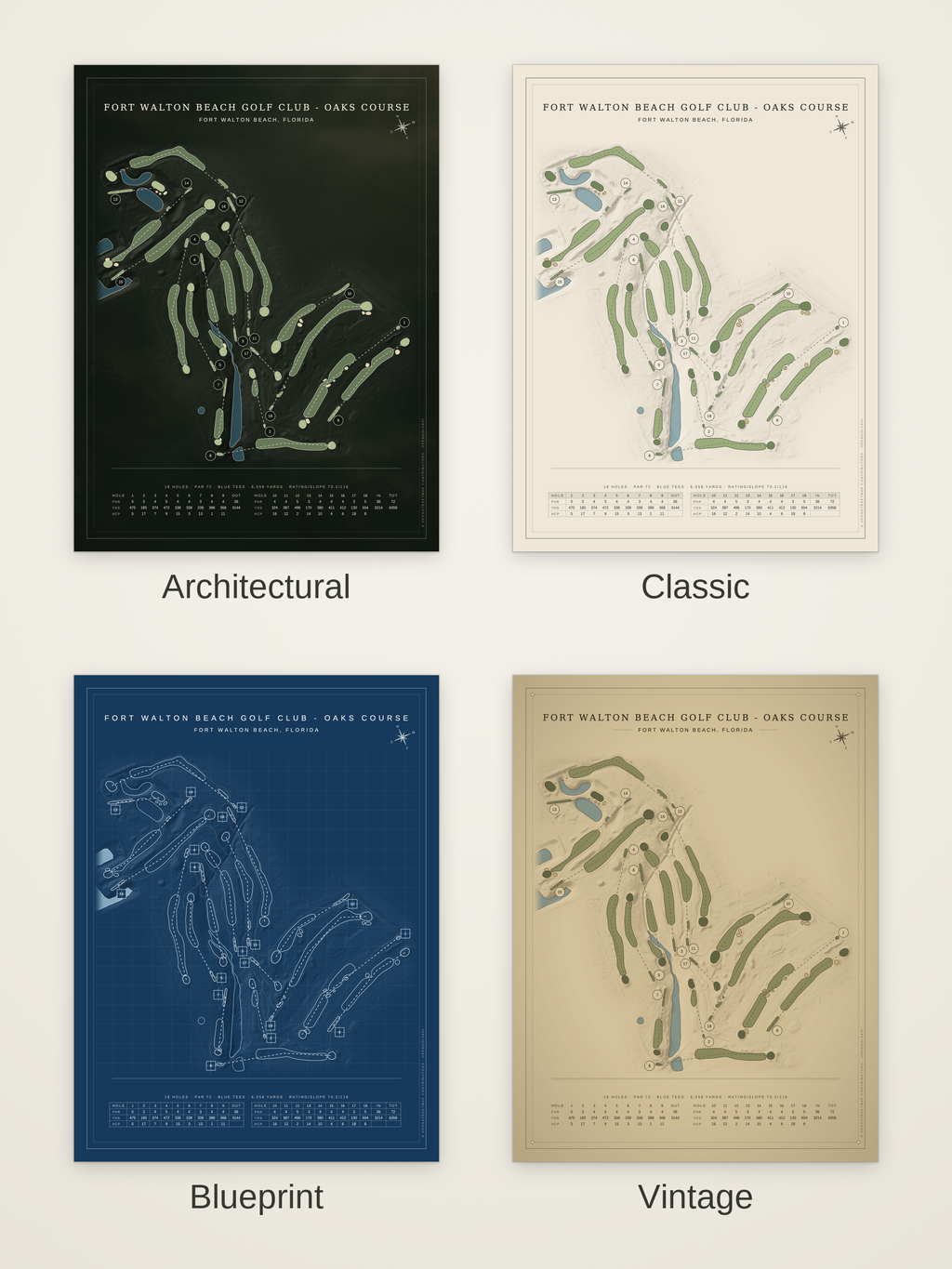 Fort Walton Beach Golf Club - Oaks Course map poster in four styles: Architectural, Classic, Blueprint and Vintage