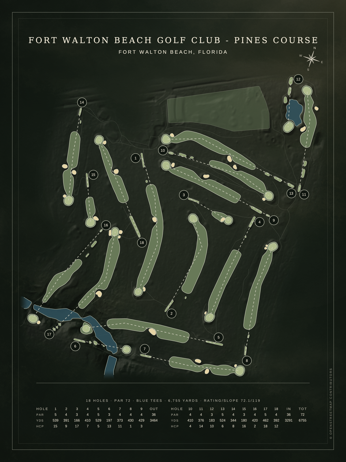 Fort Walton Beach Golf Club - Pines Course map poster, Architectural style, 12×16 / 18×24