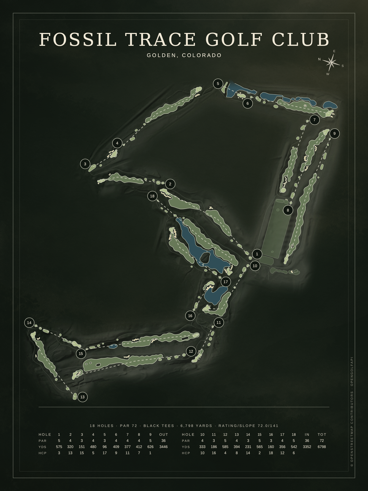 Fossil Trace Golf Club course map poster, Architectural style, 12×16 / 18×24