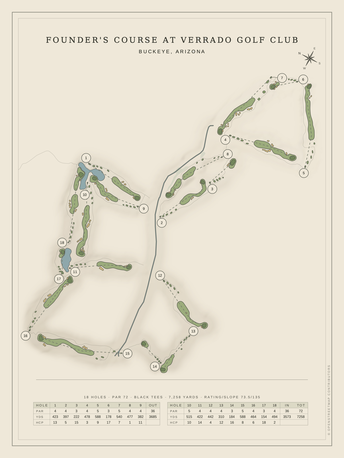Founder's Course at Verrado Golf Club course map poster, Classic style, 12×16 / 18×24