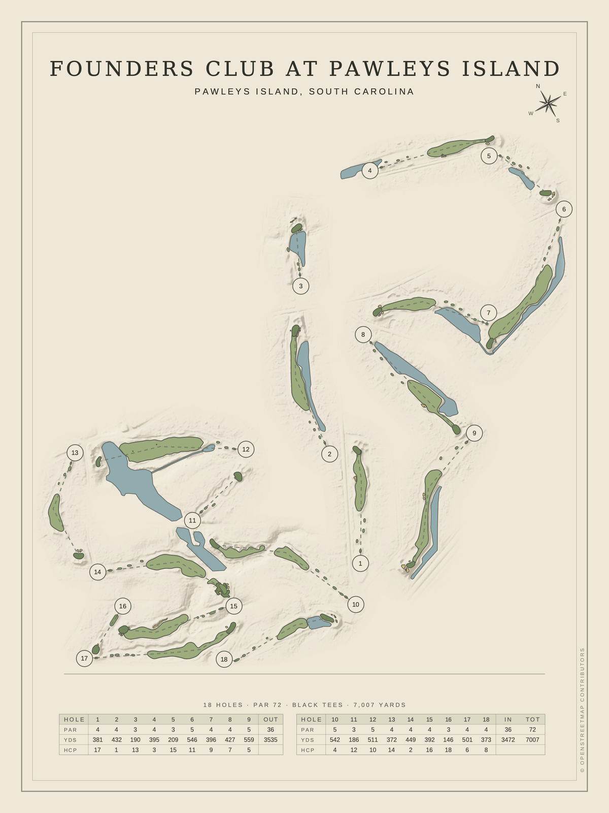 Founders Club at Pawleys Island course map poster, Classic style, 12×16 / 18×24