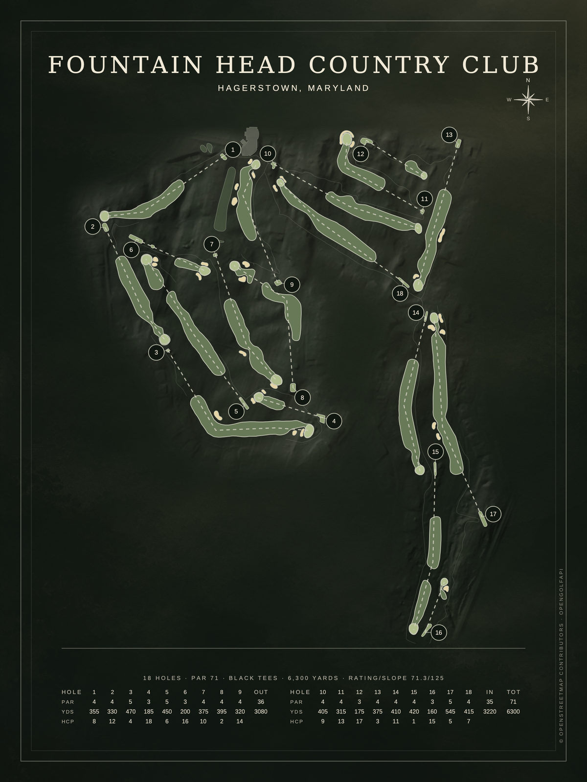 Fountain Head Country Club course map poster, Architectural style, 12×16 / 18×24
