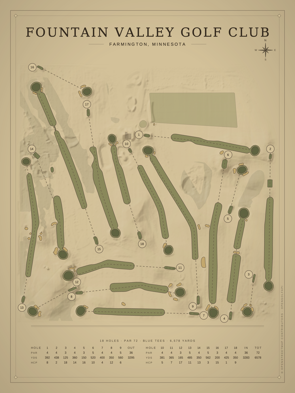 Fountain Valley Golf Club course map poster, Vintage style, 12×16 / 18×24
