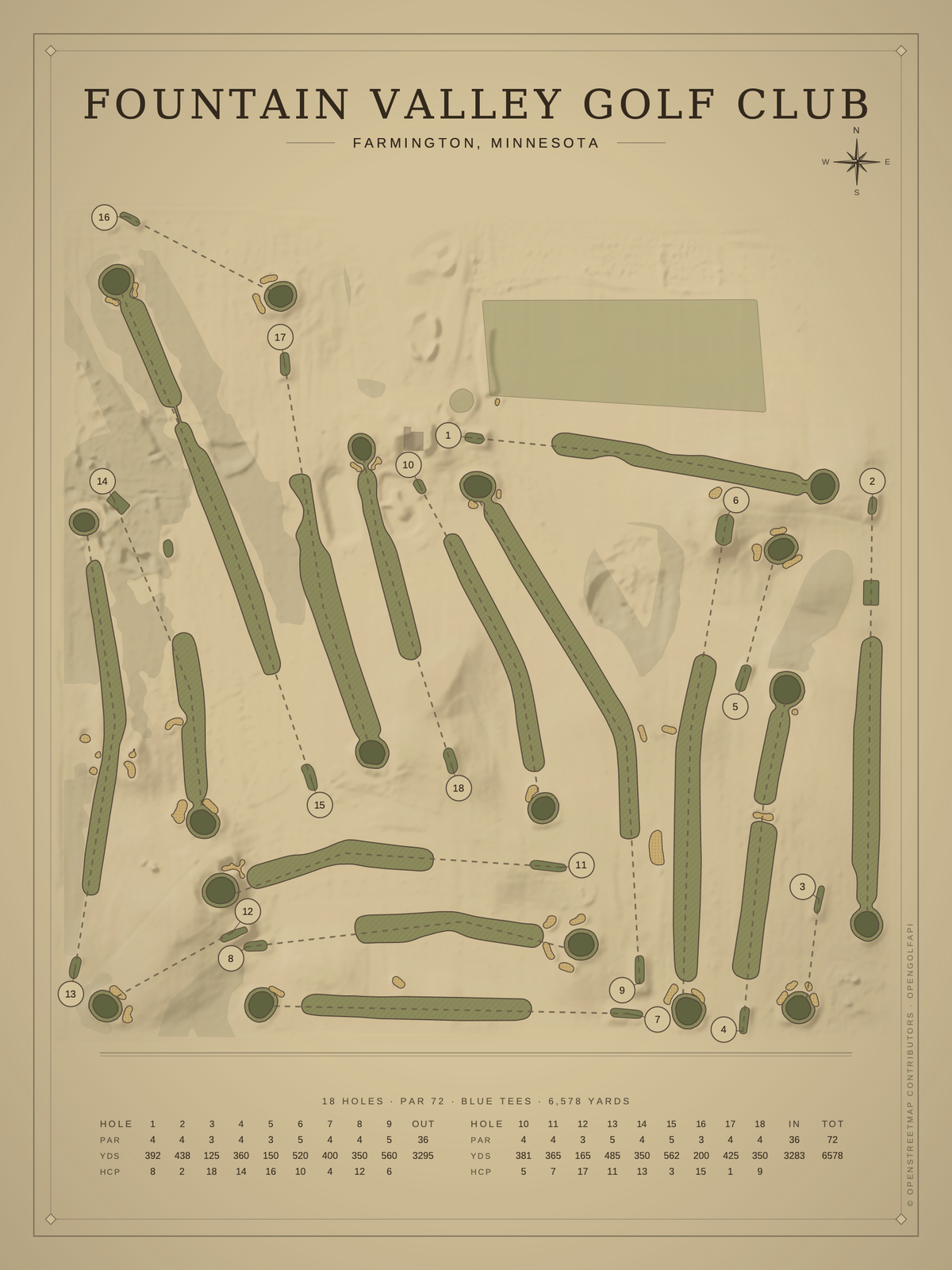 Fountain Valley Golf Club course map poster, Vintage style, 12×16 / 18×24