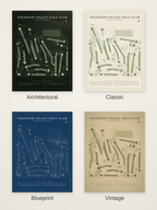 Fountain Valley Golf Club course map poster in four styles: Architectural, Classic, Blueprint and Vintage