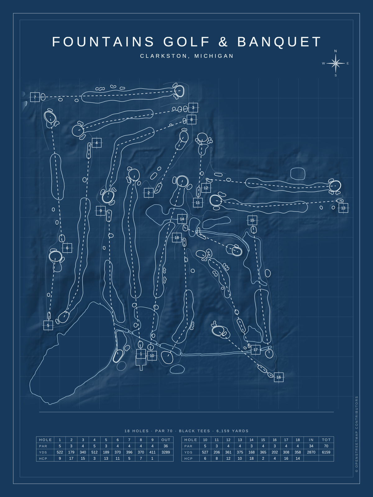 Fountains Golf & Banquet course map poster, Blueprint style, 12×16 / 18×24