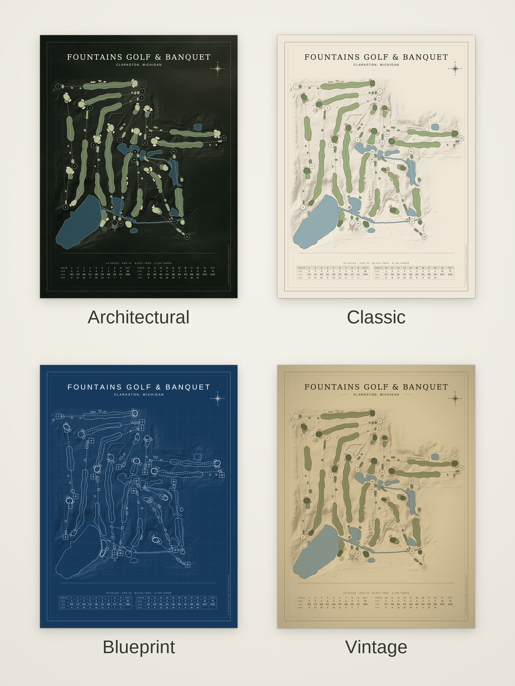 Fountains Golf & Banquet course map poster in four styles: Architectural, Classic, Blueprint and Vintage
