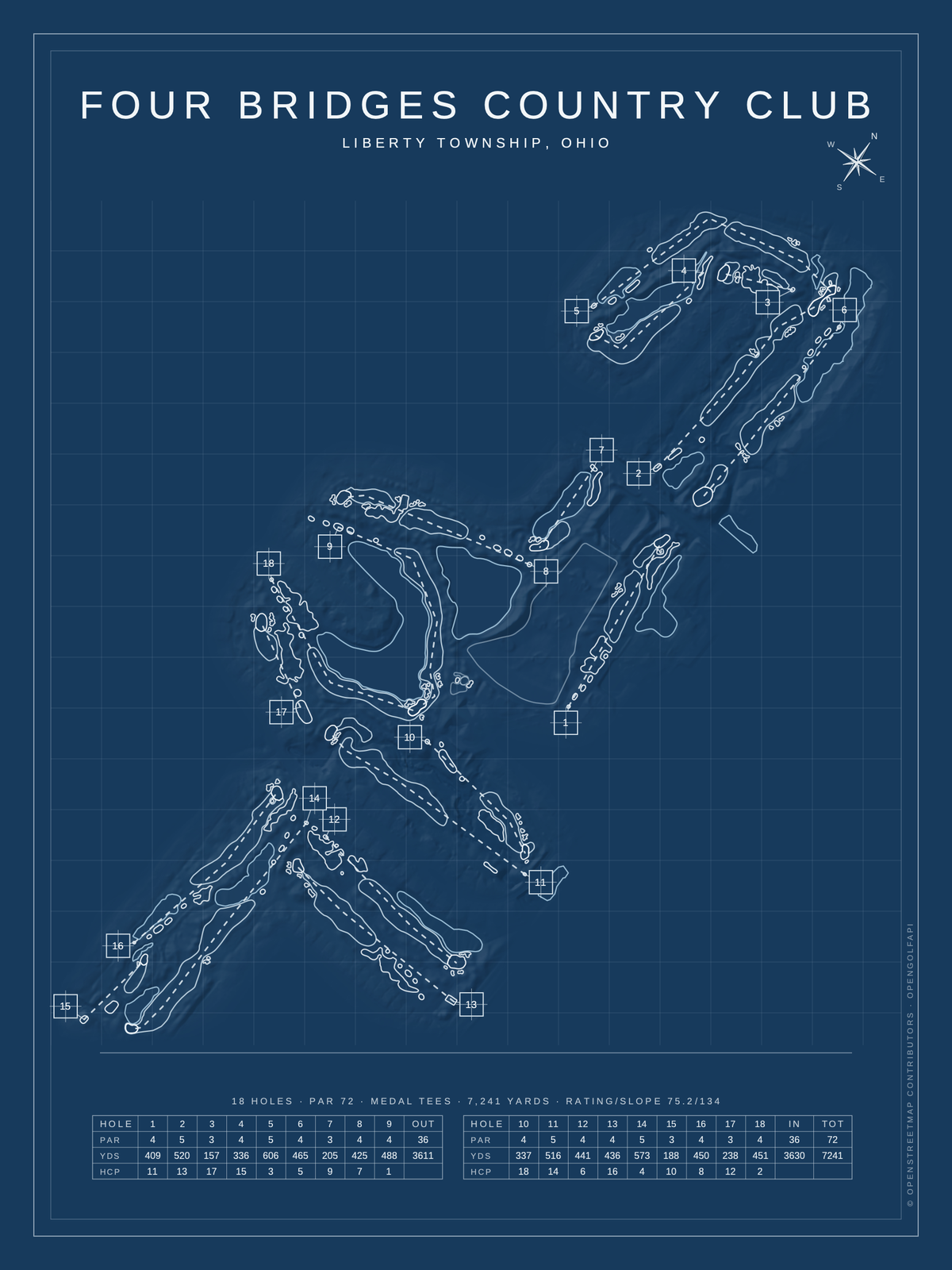 Four Bridges Country Club course map poster, Blueprint style, 12×16 / 18×24