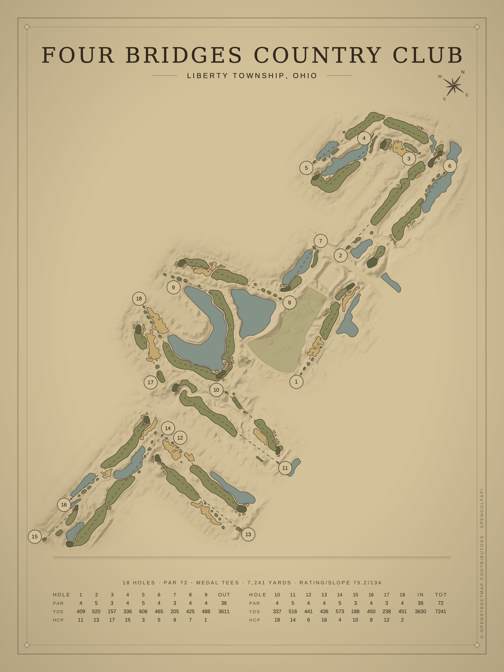 Four Bridges Country Club course map poster, Vintage style, 12×16 / 18×24