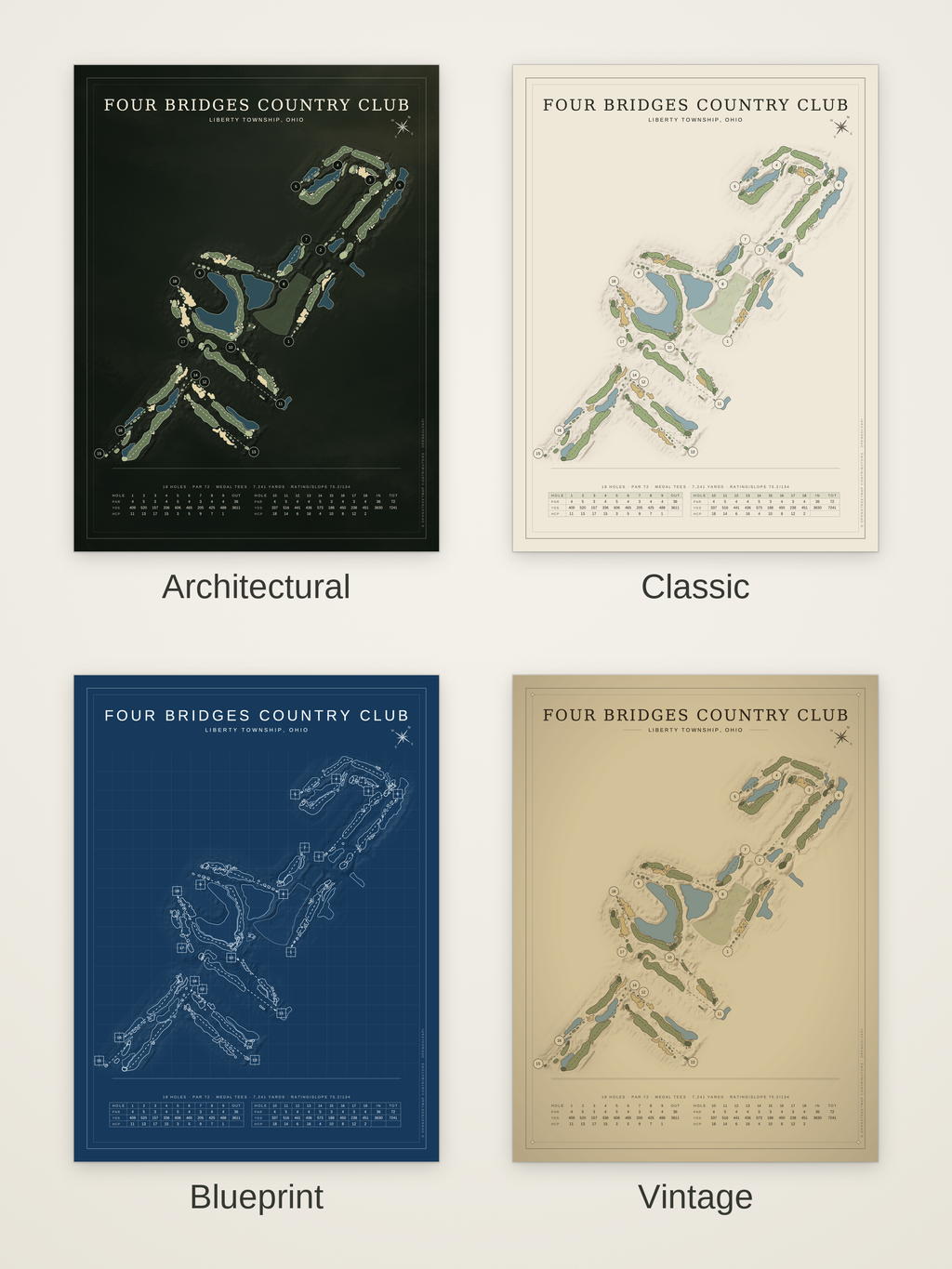 Four Bridges Country Club course map poster in four styles: Architectural, Classic, Blueprint and Vintage