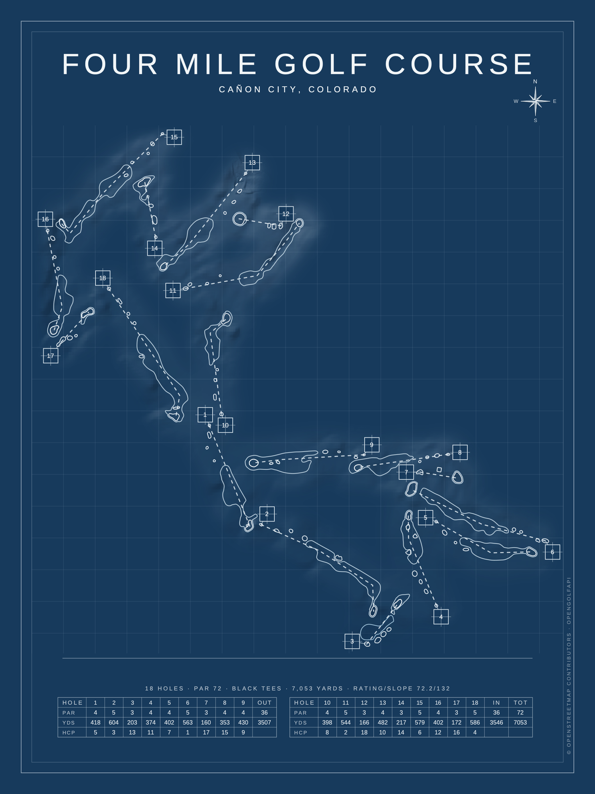 Four Mile Golf Course map poster, Blueprint style, 12×16 / 18×24