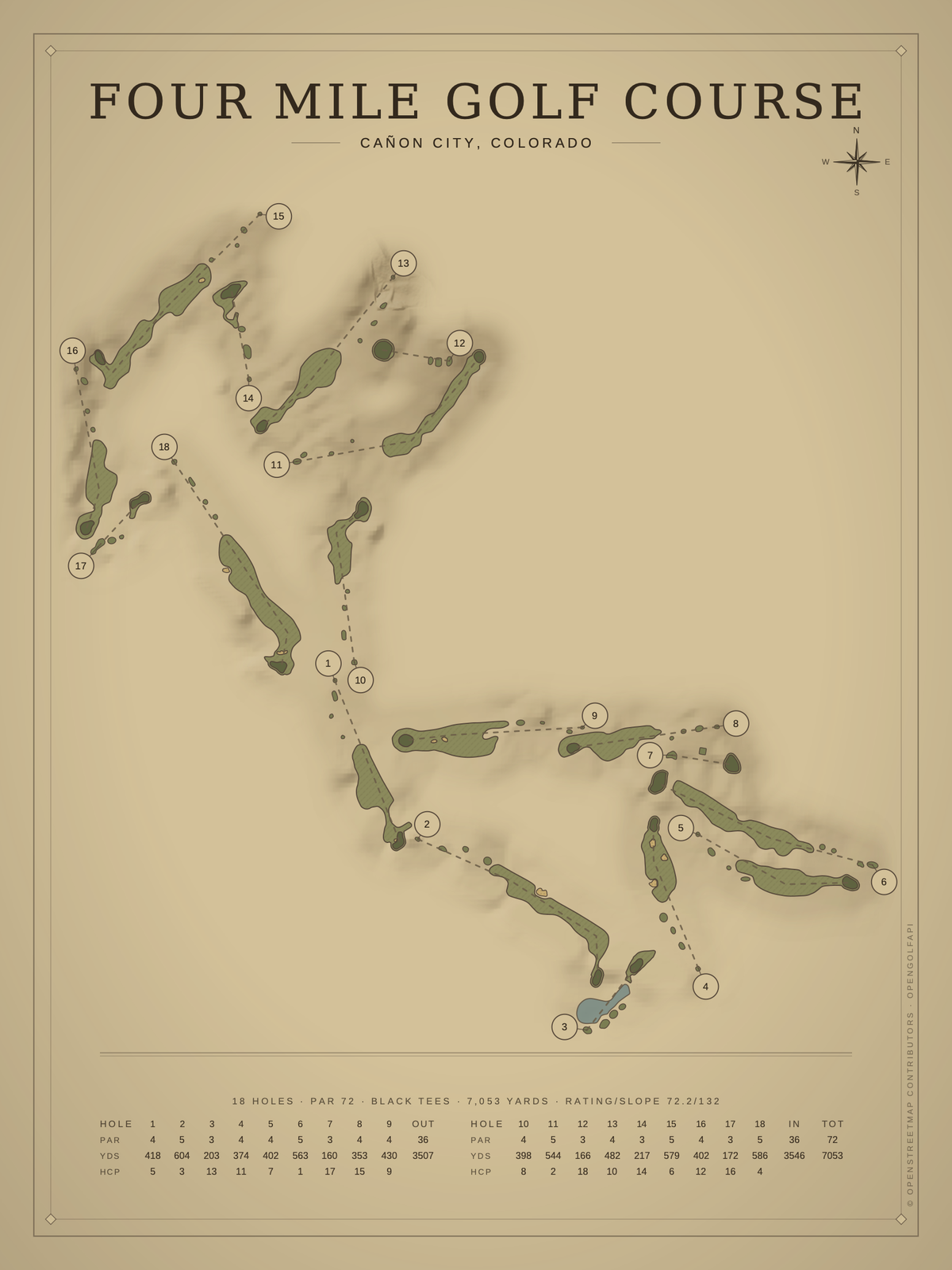 Four Mile Golf Course map poster, Vintage style, 12×16 / 18×24