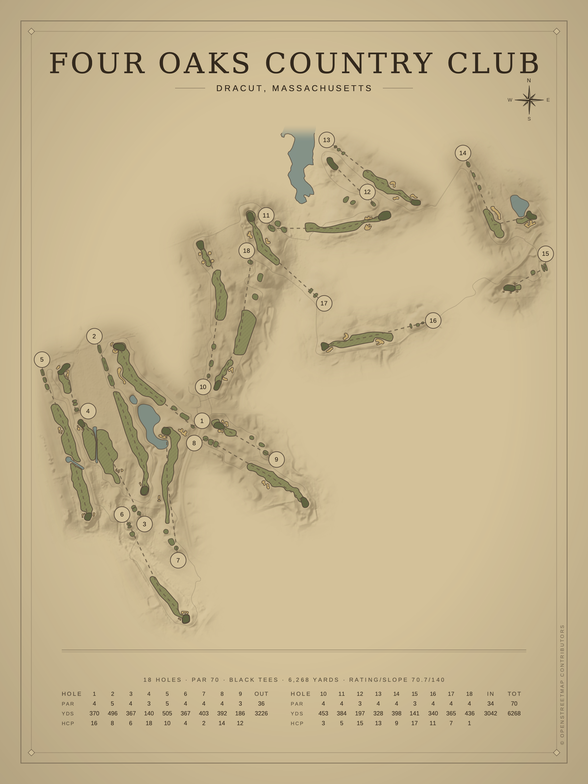 Four Oaks Country Club course map poster, Vintage style, 12×16 / 18×24