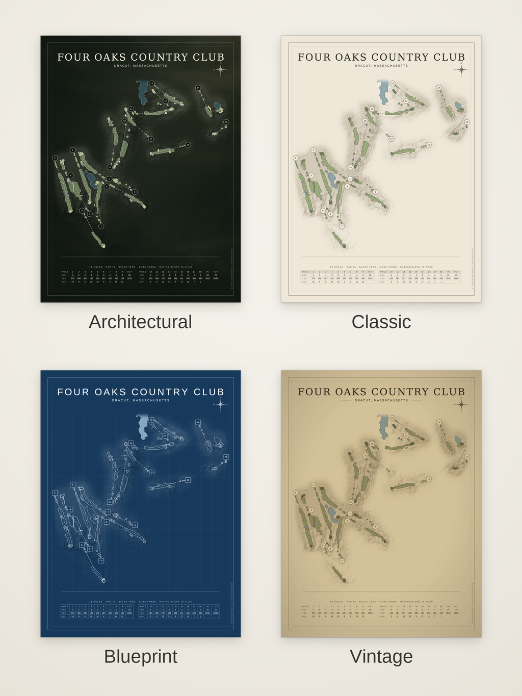 Four Oaks Country Club course map poster in four styles: Architectural, Classic, Blueprint and Vintage