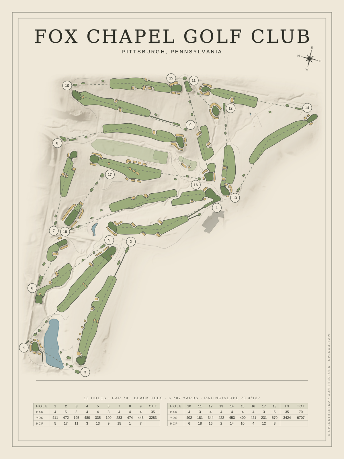Fox Chapel Golf Club course map poster, Classic style, 12×16 / 18×24