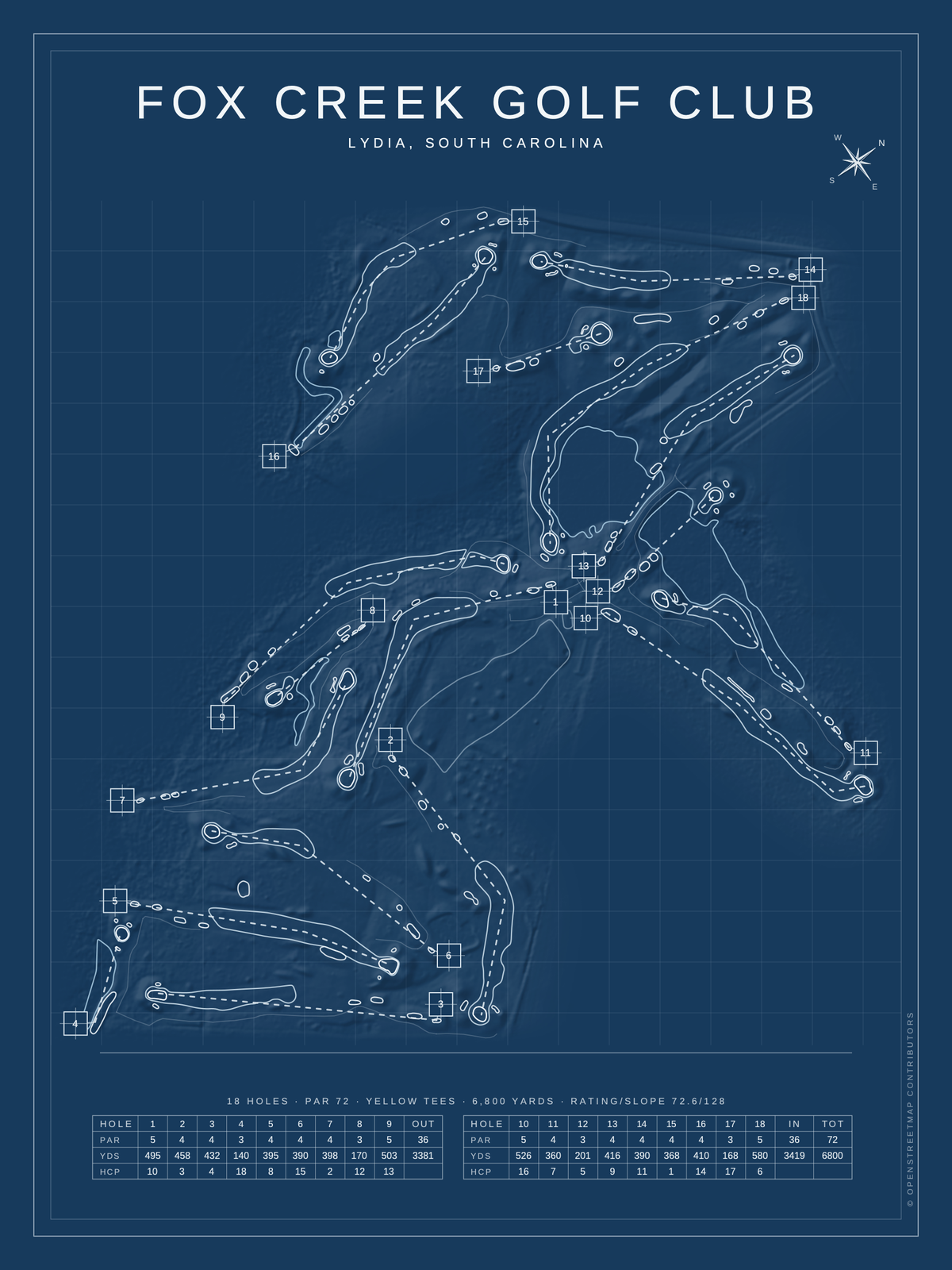 Fox Creek Golf Club course map poster, Blueprint style, 12×16 / 18×24