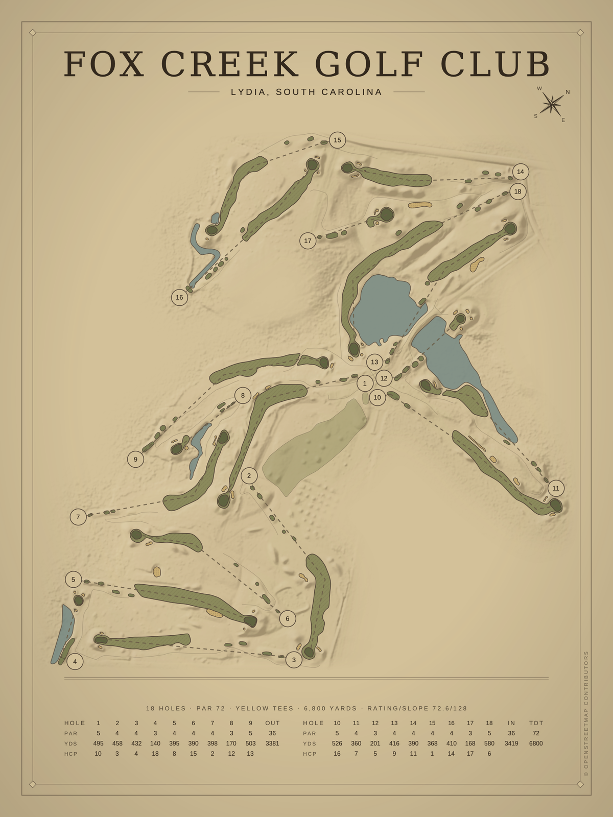 Fox Creek Golf Club course map poster, Vintage style, 12×16 / 18×24
