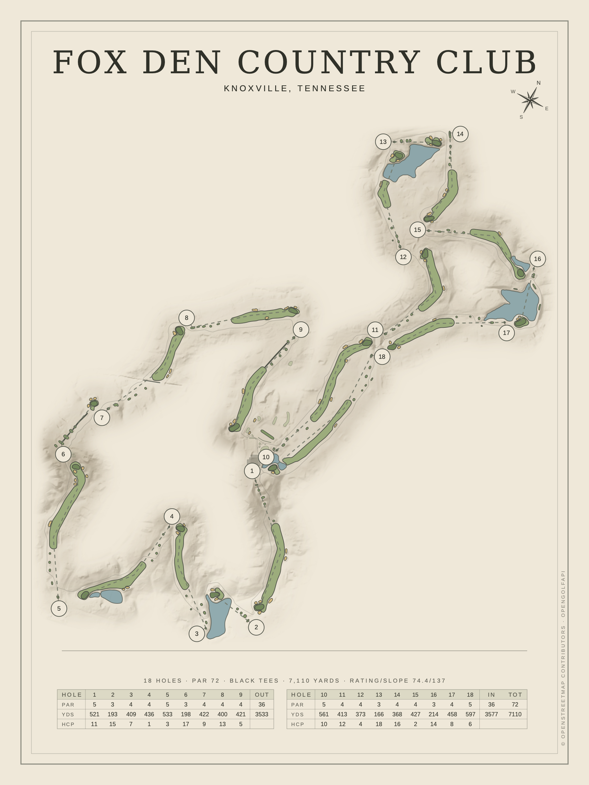 Fox Den Country Club course map poster, Classic style, 12×16 / 18×24