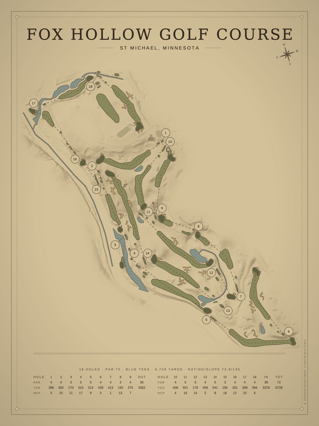 Fox Hollow Golf Course map poster, Vintage style, 12×16 / 18×24