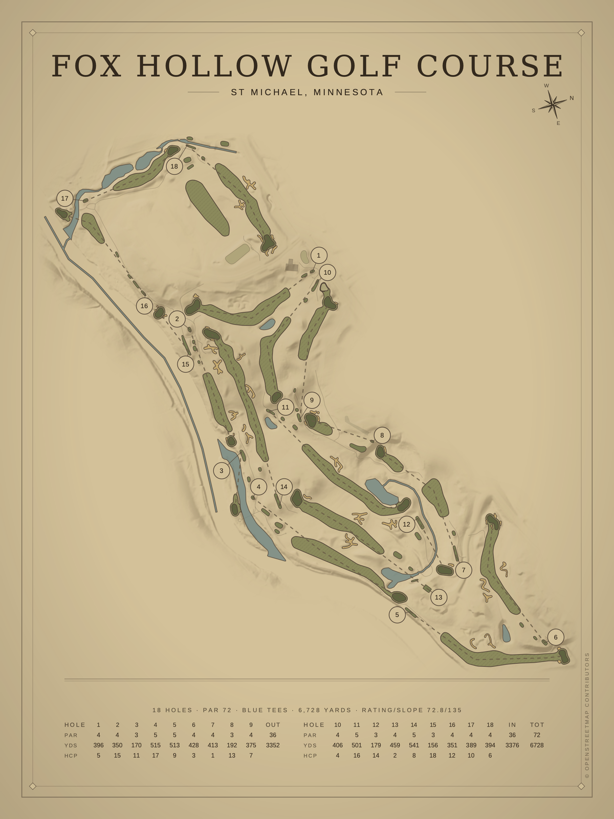 Fox Hollow Golf Course map poster, Vintage style, 12×16 / 18×24