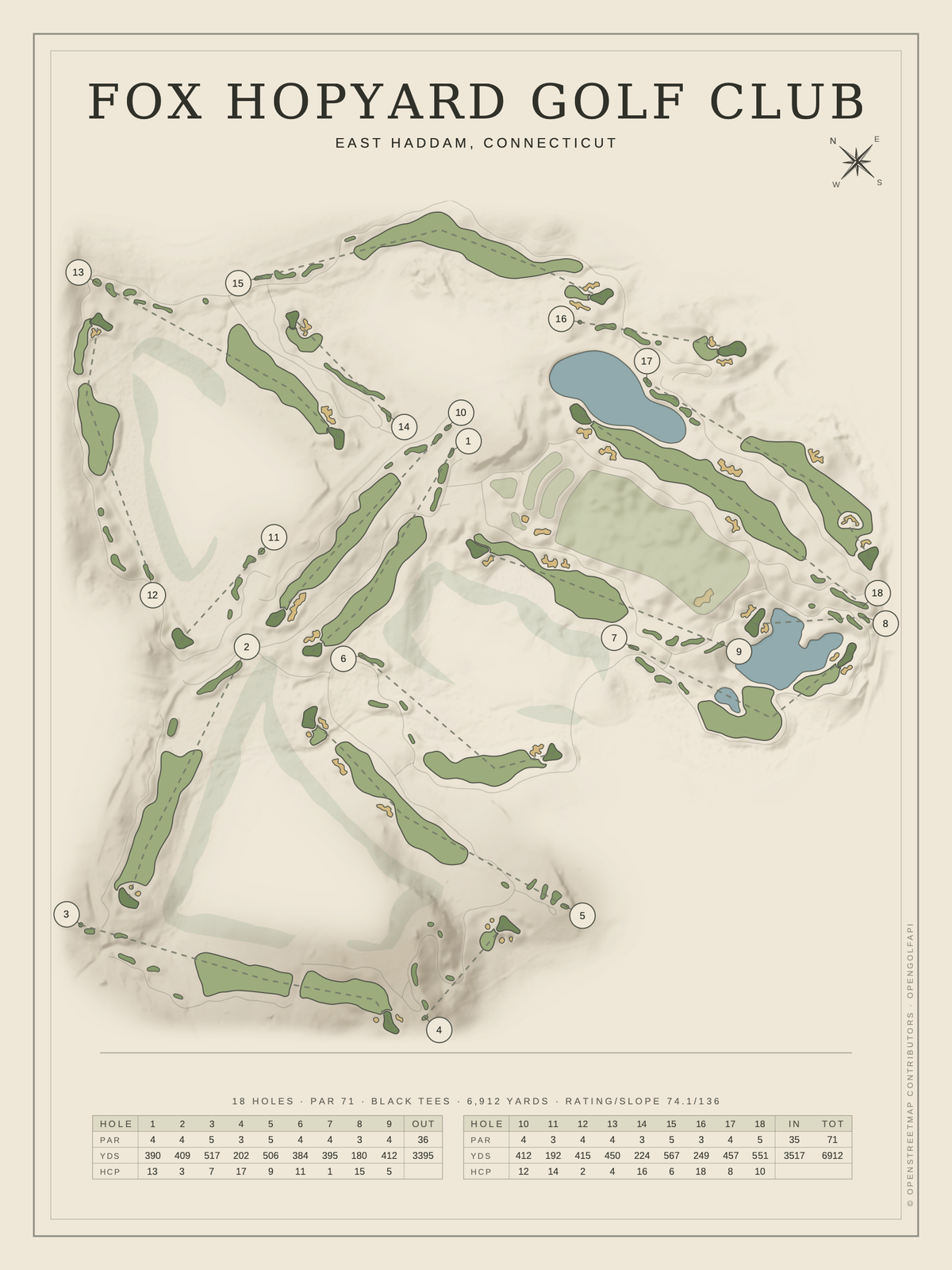 Fox Hopyard Golf Club course map poster, Classic style, 12×16 / 18×24