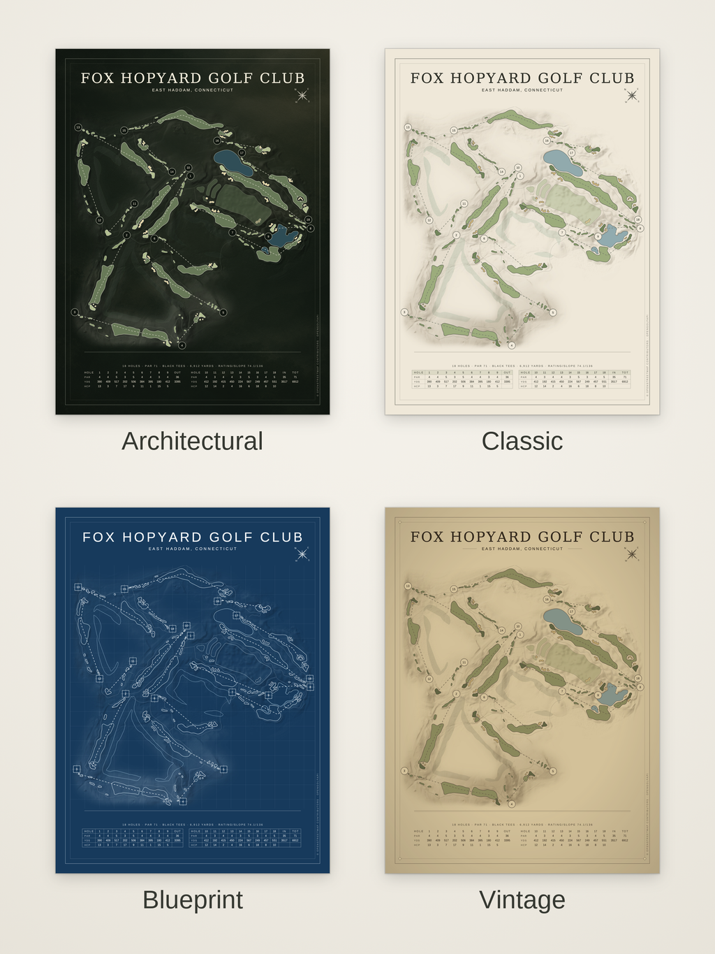 Fox Hopyard Golf Club course map poster in four styles: Architectural, Classic, Blueprint and Vintage