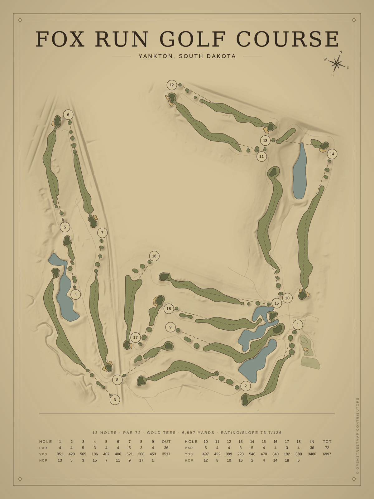 Fox Run Golf Course map poster, Vintage style, 12×16 / 18×24