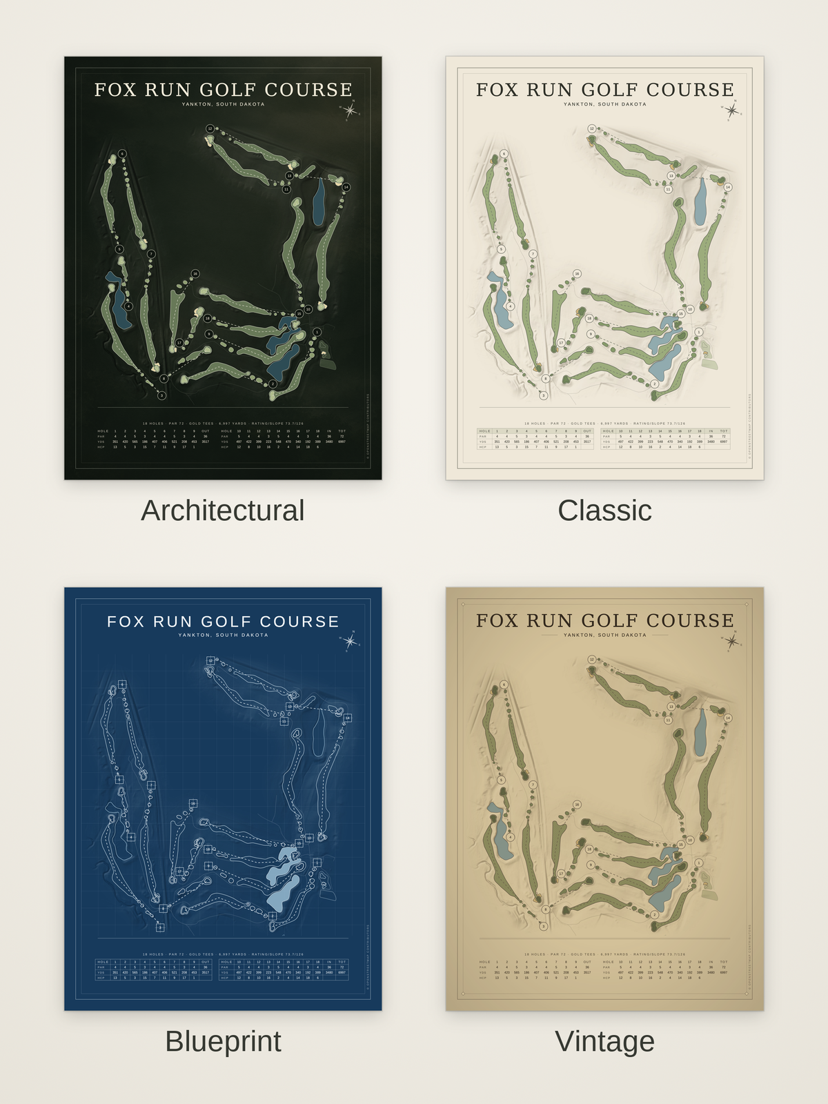 Fox Run Golf Course map poster in four styles: Architectural, Classic, Blueprint and Vintage