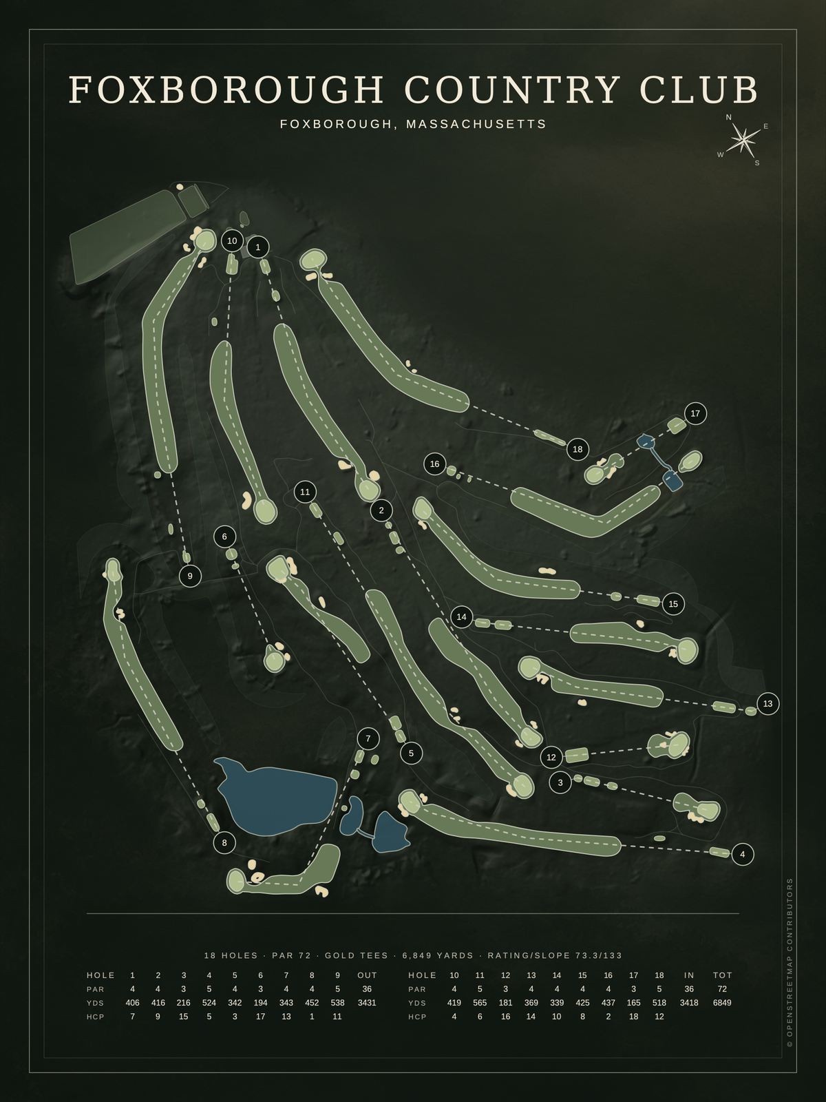 Foxborough Country Club course map poster, Architectural style, 12×16 / 18×24