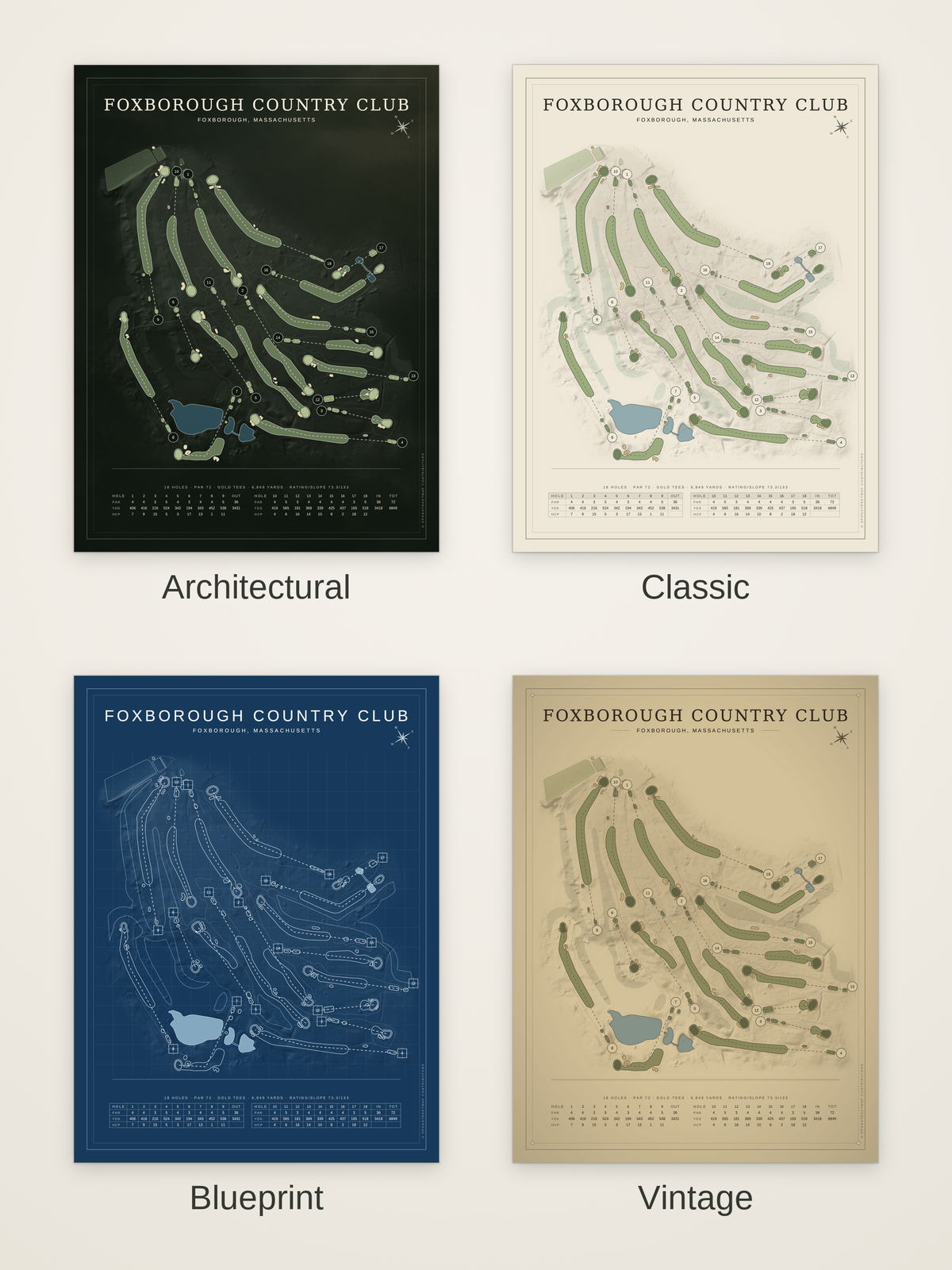 Foxborough Country Club course map poster in four styles: Architectural, Classic, Blueprint and Vintage
