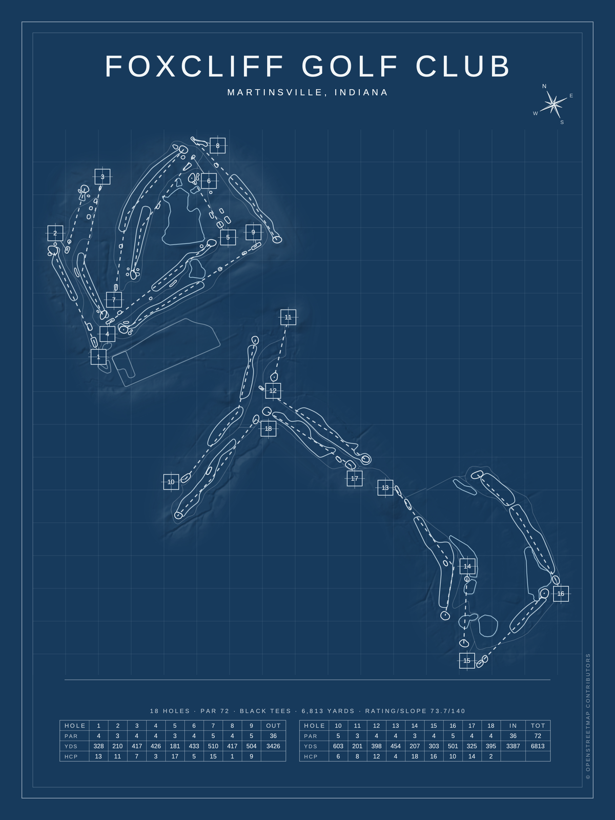 Foxcliff Golf Club course map poster, Blueprint style, 12×16 / 18×24