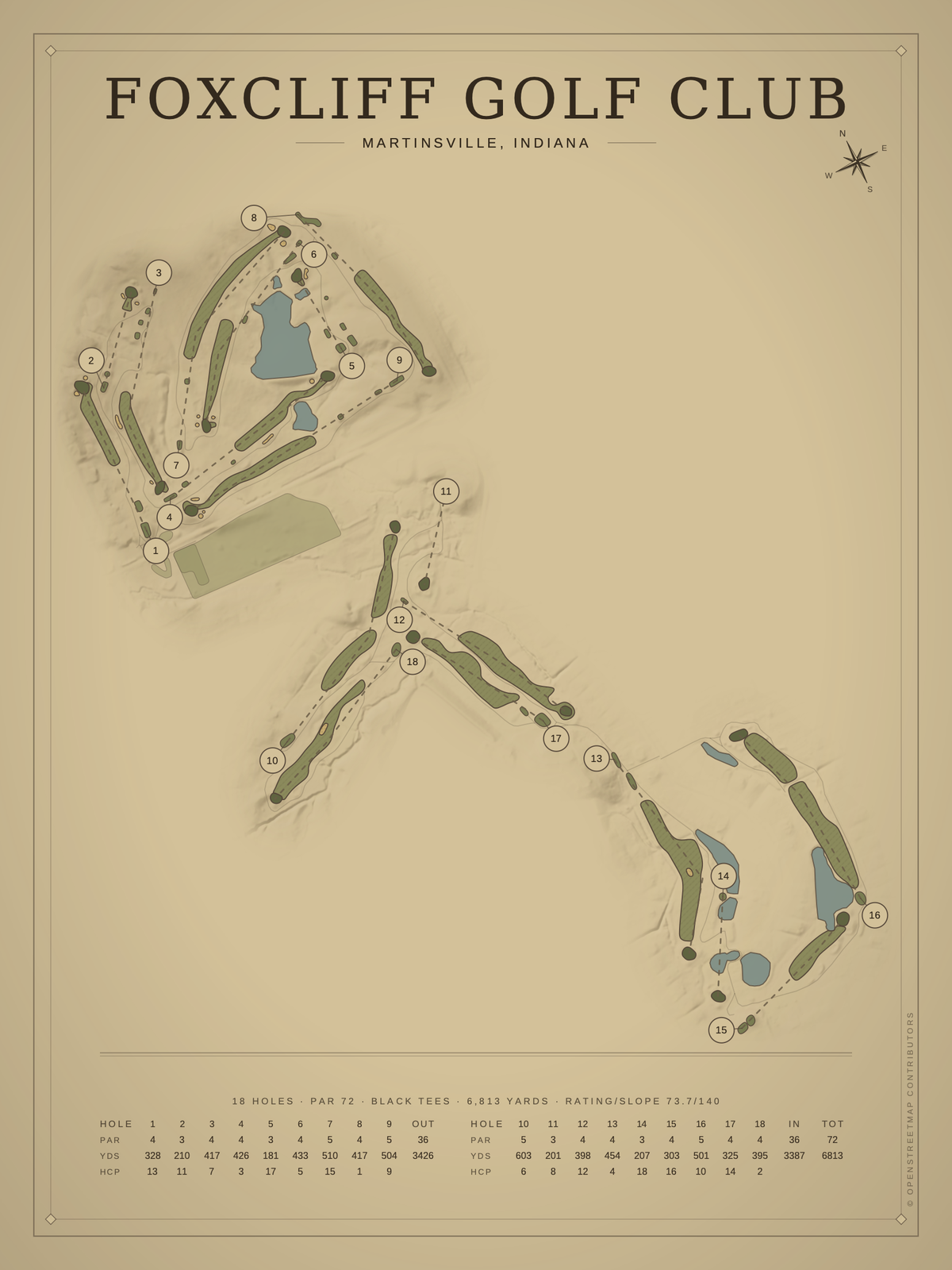 Foxcliff Golf Club course map poster, Vintage style, 12×16 / 18×24