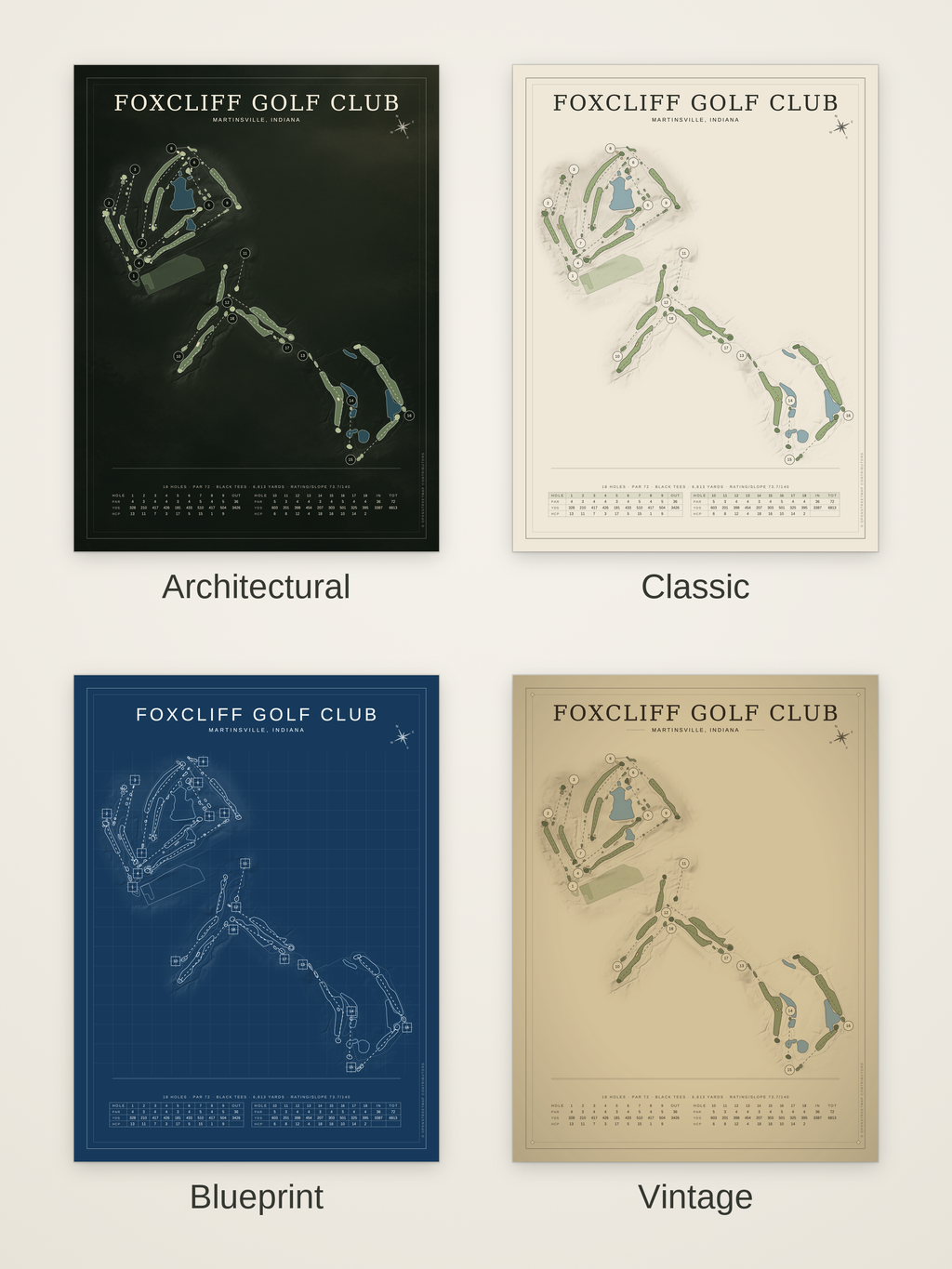 Foxcliff Golf Club course map poster in four styles: Architectural, Classic, Blueprint and Vintage